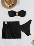 With Skirt Wrinkled Bandeau Bikini Female Swimsuit Women Swimwear Three-pieces Bikini Set Metal Ring Bathing Suit Swim Beachwear
