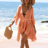 V Neck Half Sleeve Splicing Crochet Knitted Tunic Beach Cover Up Cover-ups Beach Dress Beach Wear Beachwear Female Women V7660