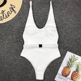V Neck Ribbed High Cut Women Swimwear One Piece Swimsuit Female Backless Monokini with Waist Belt Bathing Suit Swim Beachwear