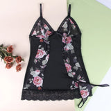 Sexy Women Mesh Printed Honeymoon Nightgown Lace Trim Adjustable Strap Sleep Dress Sheer Black Chemise Lingerie XS-L With Thong