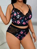 Lace Floral Print Lingerie Set Sexy Wireless Bra Plus Size Push-Up Thin Breathable Seamless Adjustable