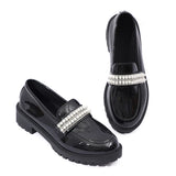 Fashion Pearls Decor Platform Loafers Women College Style Thick Heels Pu Leather Shoes Woman Plus Size 43 Student Shoes Female