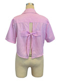 Y2K Style Pink Striped Crop Blouse for Women Short Sleeve Lapel Button-Up Women's Shirt Back Tie Top Lady Summer Casual Outfit
