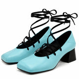 Plus Size 52 Retro Lace Up Ankle Wrap Mary Jane Heels Women Shoes Square Toe Faux Leather Chunky Block Mid Heel Vintage Pumps