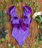 Sexy Ruffle Shoulder Swimsuit V-Neck Swimwear Women Backless Push Up Bathing Suit  Beach Wear 2024 Female Swimming Suit