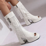 Plus Size Women White Patent Leather Fringe Tassel Mid Calf Boots Peep Toe Platform Block Heel Open Toe Party Club Heels