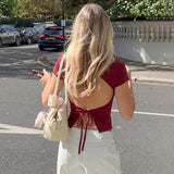FDYOUI Fashion Casual Backless Lace-up T-shirts Women's Summer O-neck Short Sleeve Cropped Tops Streetwear Y2K Solid Tee Shirt