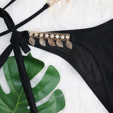 Bikini 2026 Sexy Rhinestone Leaf Pendant Metal Chain Solid Swimwear Swimsuit Women Bikinis Set Bathing Suit Beach Bikini Female