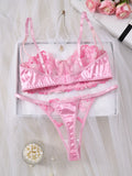 Pink Cherry Blossom Embroidered Lace Underwear Set - Sexy See-through Mesh Semi-cup Shaping Bra Thong Panties ZA825121