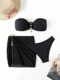 3 Pieces Ring Linked Bandeau Bikinis 2026 Solid Swimwear Female Sexy Swimsuit Women Bathers Bathing Swimming Swim Suit