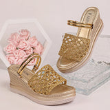 Hollow Out Gold Wedge Heels Sandals Women Plus Size 43 Chunky Platform Slippers Woman Summer Slip On Weave Thick Sole Sandles