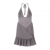 Women's Halter Neck Backless Shell Strap Dress Long Sleeve Ruffle Mini Dress For Women Neck Skirt Bodycon Dress Colors FMKU