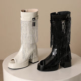 Plus Size Women White Patent Leather Fringe Tassel Mid Calf Boots Peep Toe Platform Block Heel Open Toe Party Club Heels