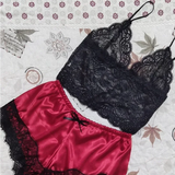 Summer Sexy 2 Pieces Pajamas Set for Women Sleepwear Lingerie Lace Silk Crop Tops and Shorts Sets Casual Nightwear Pijamas