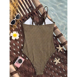 S - XL Striped Plaid V Neck Women Swimwear One Piece Swimsuit Female Frilled High Leg Cut Padded Bather Bathing Suit Swim V8288
