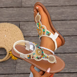 Bohemia Style Flat Heel Sandals for Women Fashion Bead Clip Toe Beach Sandles Woman Plus Size 43 Lightweight Gladiator Sandalias