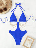Woman Bikini Triangle Top Ribbed Fabric Black Bikinis Side Cutout Chain Detail Swimsuit High Cut Bottom Belly Chain Beachwear
