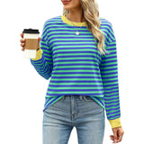 Autumn Winter Long Sleeve Basic T-Shirts Women Stripe Print Round Neck Casual Loose Fit Tunic Tops Streetwear