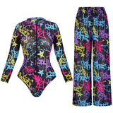2025 New Long Sleeve Vintage Print One Piece Swimwear Zipper Conservatism Women Bathing Suit With Long Pants Surfing Swim Suit