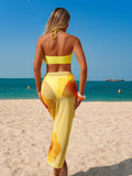 Vintage Yellow Floral Print Bikini Set 2026 Women 3D Flower Pleate Push Up Long Skirt 3 Piece Swimsuit Bathing Suit Swimwear