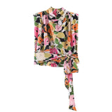 Women's Fashion Casual Floral Print Shoulder Top Women Floral Print Sleeveless Blouse Waist Neck Casual Top For Vacation KAUP