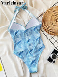 Printed Halter V Neck With Bra Cup One Piece Swimsuit Women Swimwear Female Monokini High Leg Cut Bather Bathing Suit Swim V5739