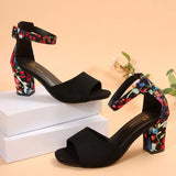 Women 2026Summer Shoes Sqaure High Sandals Vintage Flower Print Open Toe High Heels Woman Casual Buckle Ankle Strap Sandalse