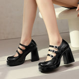 Plus Size Women Red Patent Leather Platform Mary Jane Shoes 3 Rhinestone Buckle Straps Chunky Block  Y2K Lolita Party Pumps