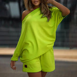 2 Pcs/Set Women Tracksuit One-shoulder Short Pants Solid Color Leisure Summer Top Set