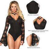 Bodysuits Women Top Fashion V Neck Lace Skinny Lingerie Leotard Black Mesh Salopette Teddy Femme Horn Sleeves Rompers Jumpsuits
