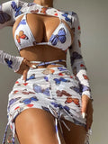 Long Sleeve Printed Halter Bikini Female Swimsuit Women Swimwear Four-pieces Bikini Set with Mesh Skirt Bathing Suit Beach Wear