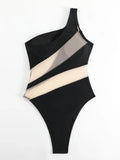 Splicing Mesh See Through One Shoulder Female Swimwear One Piece Swimsuit Women High Cut Monokini Mesh Bathing Suit Swim Lady