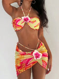 3D Flowers with Mesh Skirt Halter Bandeau Bikini Women Swimsuit Female Swimwear Three-pieces Bikini Set Bathing Suit Beachwear
