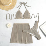S - XL New With Skirt Ribbed Halter Bikini Female Swimsuit Women Swimwear Three-pieces Bikini set Bather Bathing Suit Swim V4351