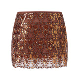 Womens Summer Sequined Mini Skirt Slim Fit Stylish Beaded Geometric Pattern Low Rise Short Skirts
