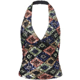 Summer Women Sequin Vest Open Back Sleeveless Halter Slim Fit Tank Tops Sexy Fashion Street Retro Corset Shirts
