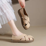 2026 Summer Flat Shoes Women Cross  Hollow Out Breathable Sandals Ladies Soft Sole Slip On Casual