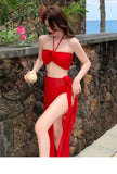 2025 Korean Swimsuit Women Sexy Bikini Red Split Long Skirt Swimsuit Women Halter 3D Flower Push Up Holiday 3 Piece Swimwear