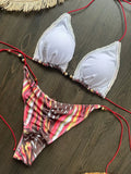 DEKA Tie Dye Bikini Set Pearl Swimsuit Women Pleated Triangle Lace Up Thong Micro Bikini Summer New Sexy Ladies Bathing Suit