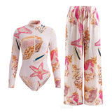 S - XXL New Printed Long Sleeve With Zipper Pants One Piece Swimsuit Women Swimwear Female Padded Bather Bathing Suit Swim V8362