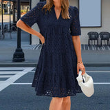 Casual Short Sleeve V-neck Midi Dress Women's Hollow Out Eyelet Dress Summer Beach Tiered Flowy A-line Sundress