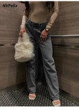 Women's Jeans Trend High-Waisted Distressed Skinny Straight-Leg Jeans Solid Color Distressed Finish Button-Fly Zipper Trousers