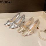 Women's High Heels Mary Janes Square Head Embellished with Water Diamonds Low Cut Knots Thick Heels Fashionable Party Shoes
