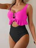 2026 Hollow Swimsuit One Piece U-wire Ruffle Swimwear Women Patchwork Bathers Bathing Swimming Swim Suit Female Beachwear XXL