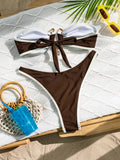DEKA Solid BandeauU Ring Bikini High Waist Swimsuit Women Tie Side Shiny Metal Hardware Ring Bandeau Swimwear Padded Bra Top