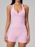 New Seamless Yoga Thread Set Women Hanging Neck V Neck Slim Sports Tank Top Hip Lifting Abdominal Tightening Shorts Fitness Suit