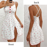 Summer Nightgown Women's Sleepwear Sexy V-Neck Heart Print Slit Front Dress Homewear Comfort Pajama Night Dress Nighties