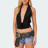 Women's Solid Color Cropped Halter Neck Cami Tops Sleeveless Open Back Deep V Neck Slim Fit Tank Tops