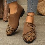 New Patchwork Loepord Pointed Toe Shoes for Women Retro Fax Suede Lacing Pumps Woman Shallow Square Heel Single Shoes Mujer