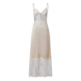 2026 Summer Women's Lace Patchwork Satin Dress Sleeveless Spaghetti Strap V Neck Long Dress Retro Sexy Elegant Dresses